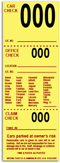 Valet Parking Tickets - Canary - 1,000 Count